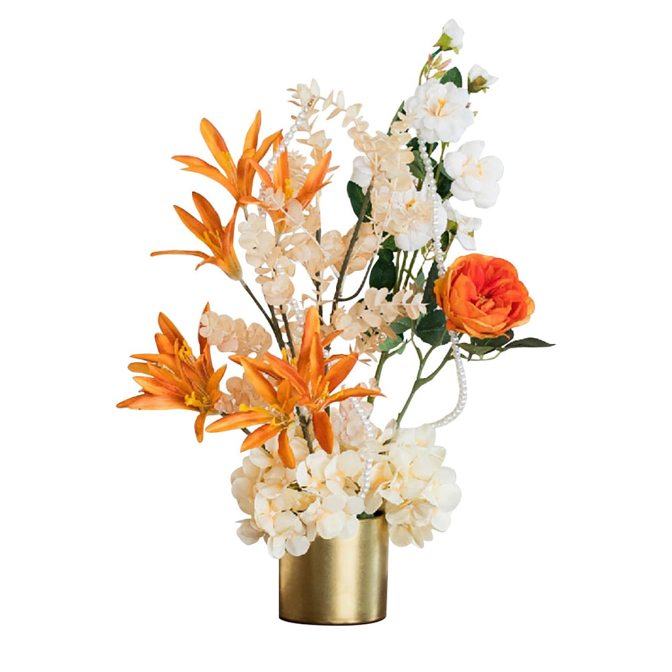 HMR - Orange Artificial Flowers in Vase Set Realistic Hydrangea Gold Ceramic Vase Home Decor