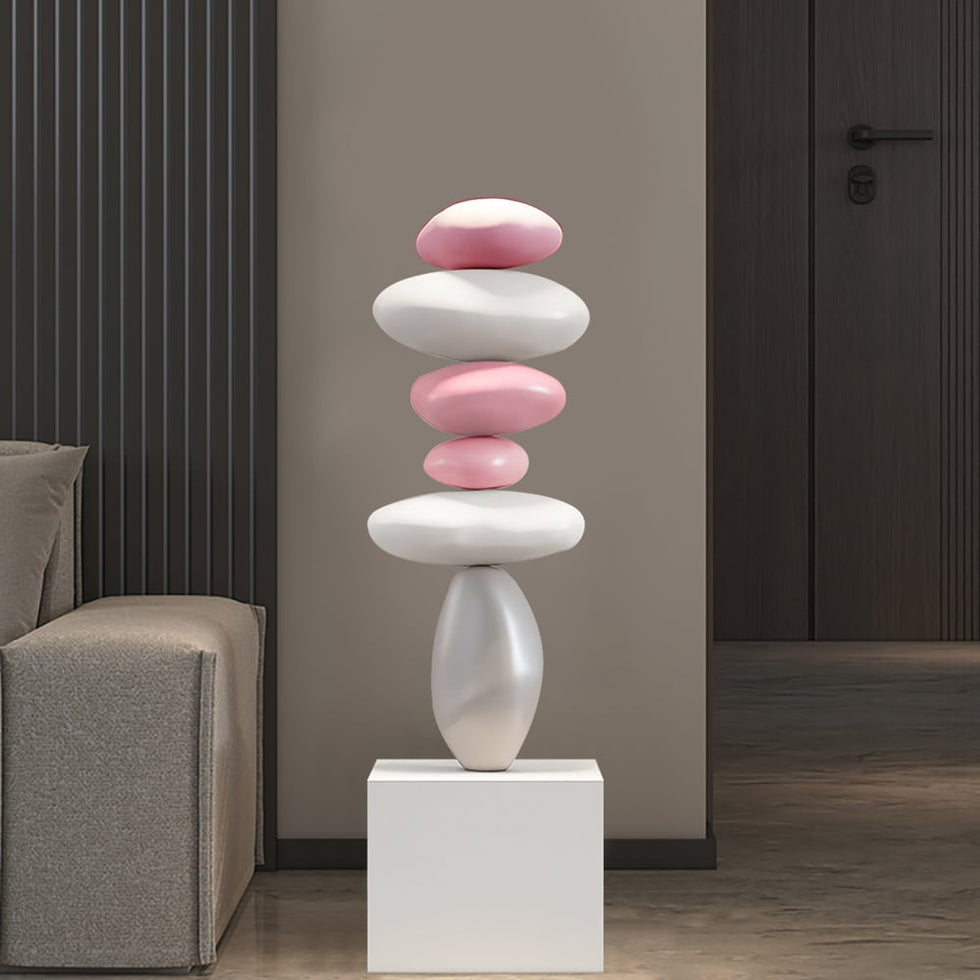 HMR - 30.7" Abstract Geometric Fiberglass & MDF Stacked Stone Floor Sculpture Light Decor Art