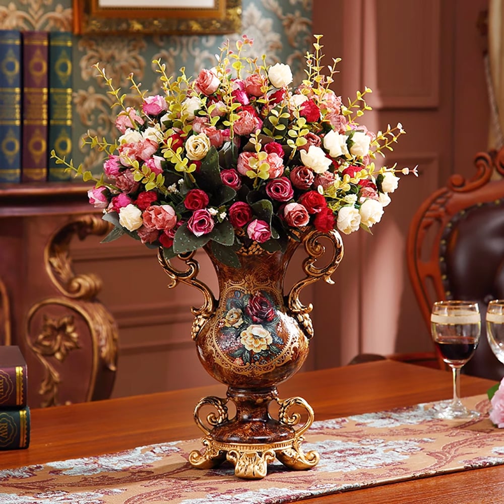 HMR - European Artificial Vintage Flower Arrangement Vase Set Golden Resin Vase Fake Flower