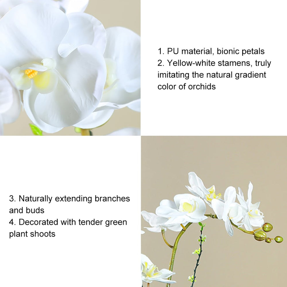 HMR - Artificial Flower Realistic White Orchids in Vase Set Gold Brushed Ceramic Flower Pots