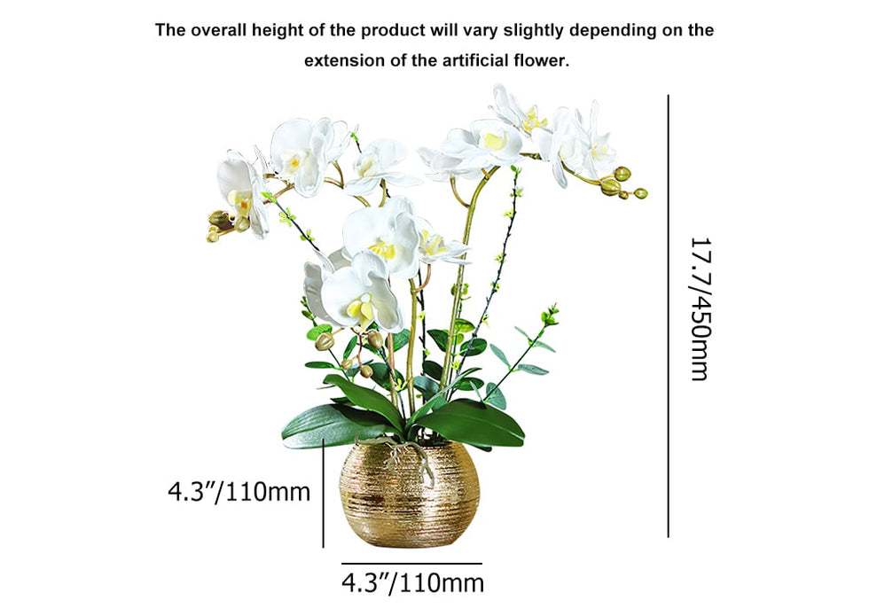 HMR - Artificial Flower Realistic White Orchids in Vase Set Gold Brushed Ceramic Flower Pots