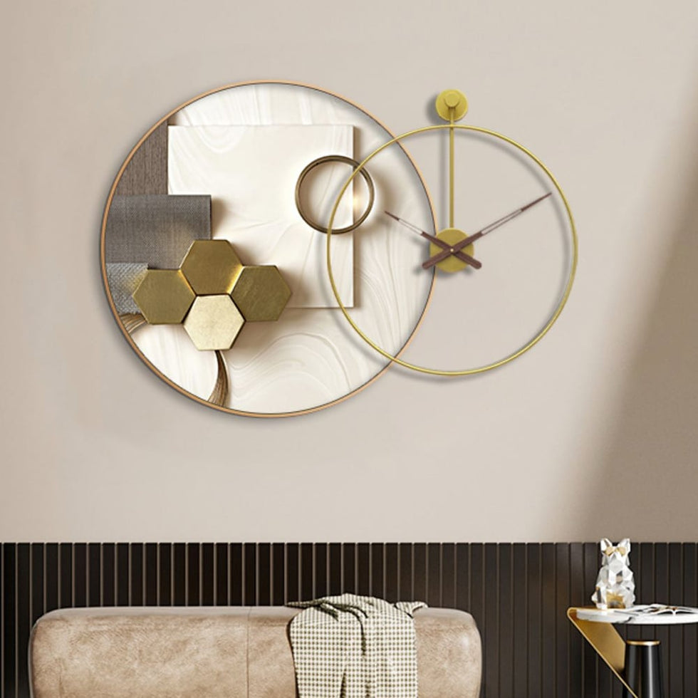 HMR - Modern Gold Round Wall Clock Canvas Painting Decor Art with Wood Pointer Aluminium Frame