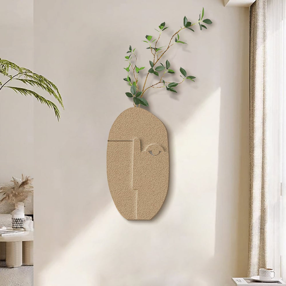 HMR - 3D Abstract Natural Sandstone Handmade Sculpture with Faux Plants Painting Wall Decor