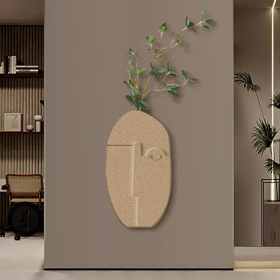 HMR - 3D Abstract Natural Sandstone Handmade Sculpture with Faux Plants Painting Wall Decor