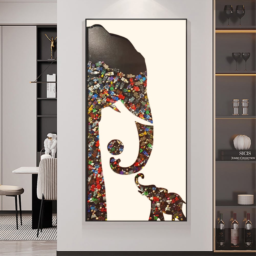 HMR - Goreal Elephant Building Blocks Wall Decor Art Abstract Geometric Painting with Frame
