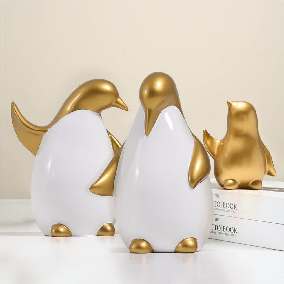 HMR - Modern Desktop White & Gold Penguins Set of 3