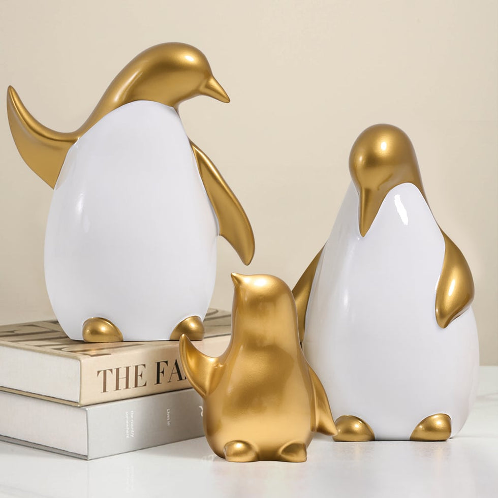 HMR - Modern Desktop White & Gold Penguins Set of 3