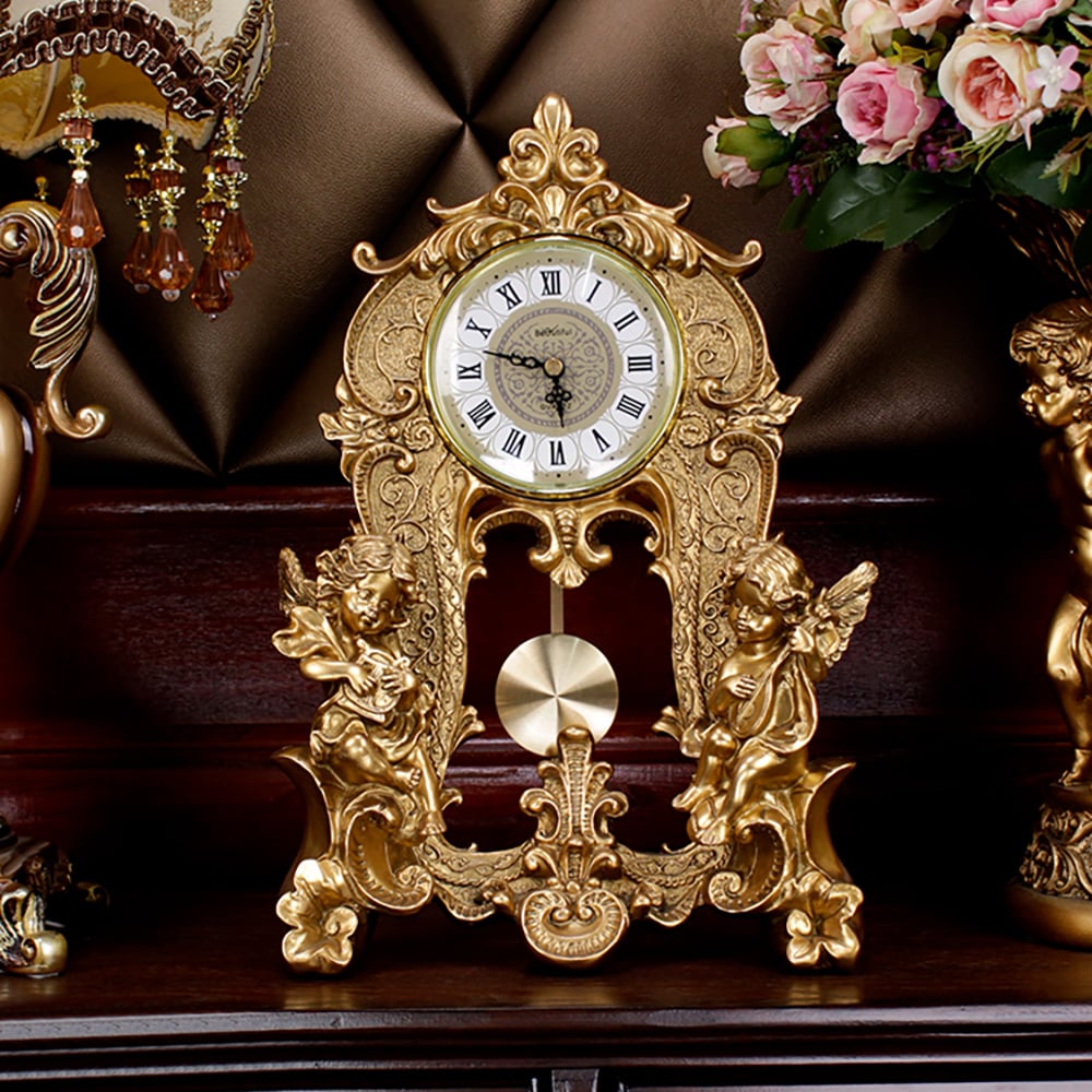HMR - Traditional Vintage Gold Resin Angel Table Clock With Exquisitely Carved Pendulum Clock