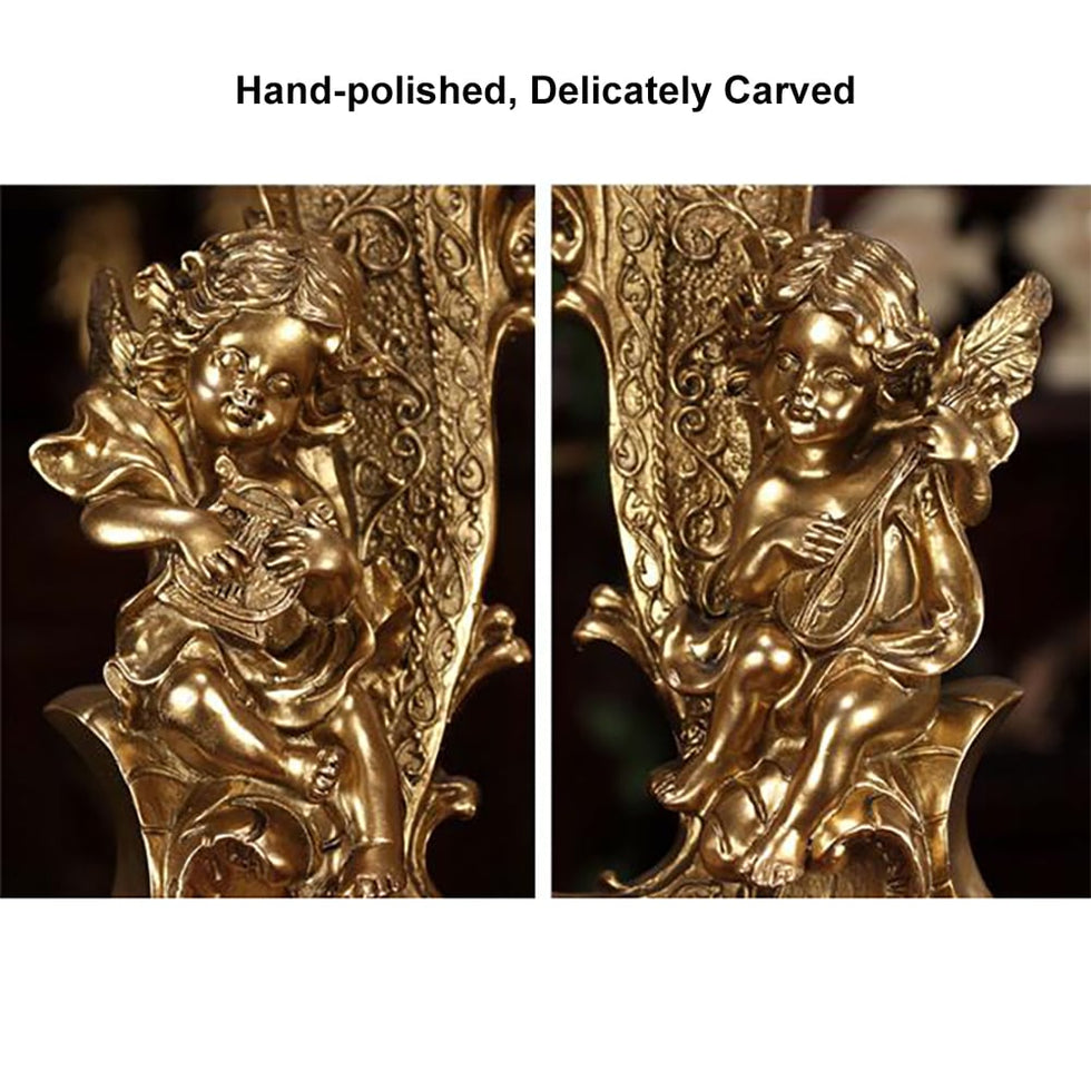 HMR - Traditional Vintage Gold Resin Angel Table Clock With Exquisitely Carved Pendulum Clock