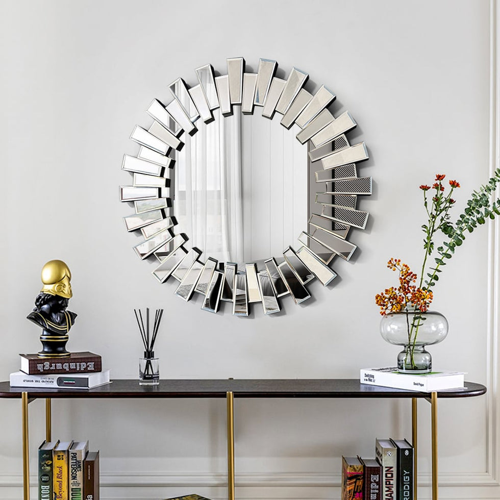 HMR - 25.6" Modern Silver Round Sun Wall Mirror Decor Art with Geometric Frame Living Room