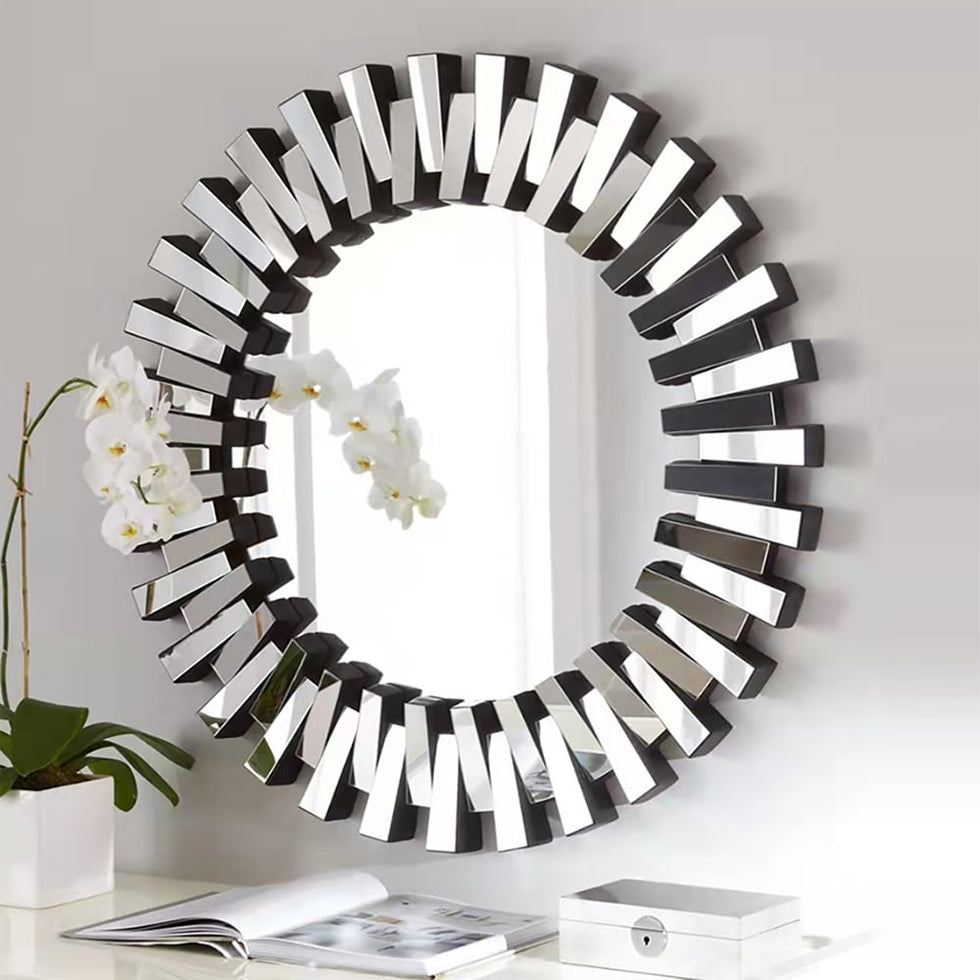 HMR - 25.6" Modern Silver Round Sun Wall Mirror Decor Art with Geometric Frame Living Room