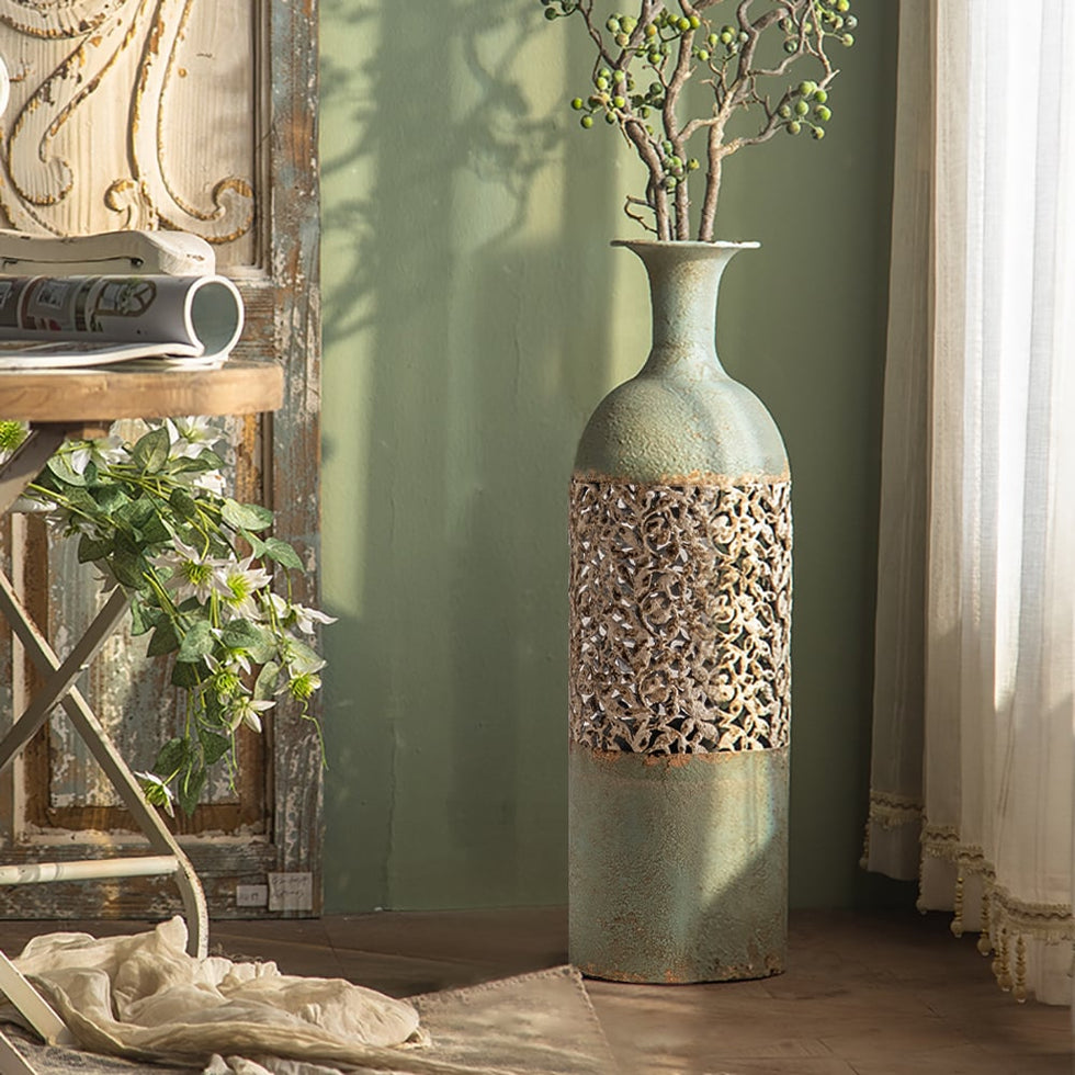 HMR - French Country Large Metal Floor Vase Tall Home Geometric Decor Art