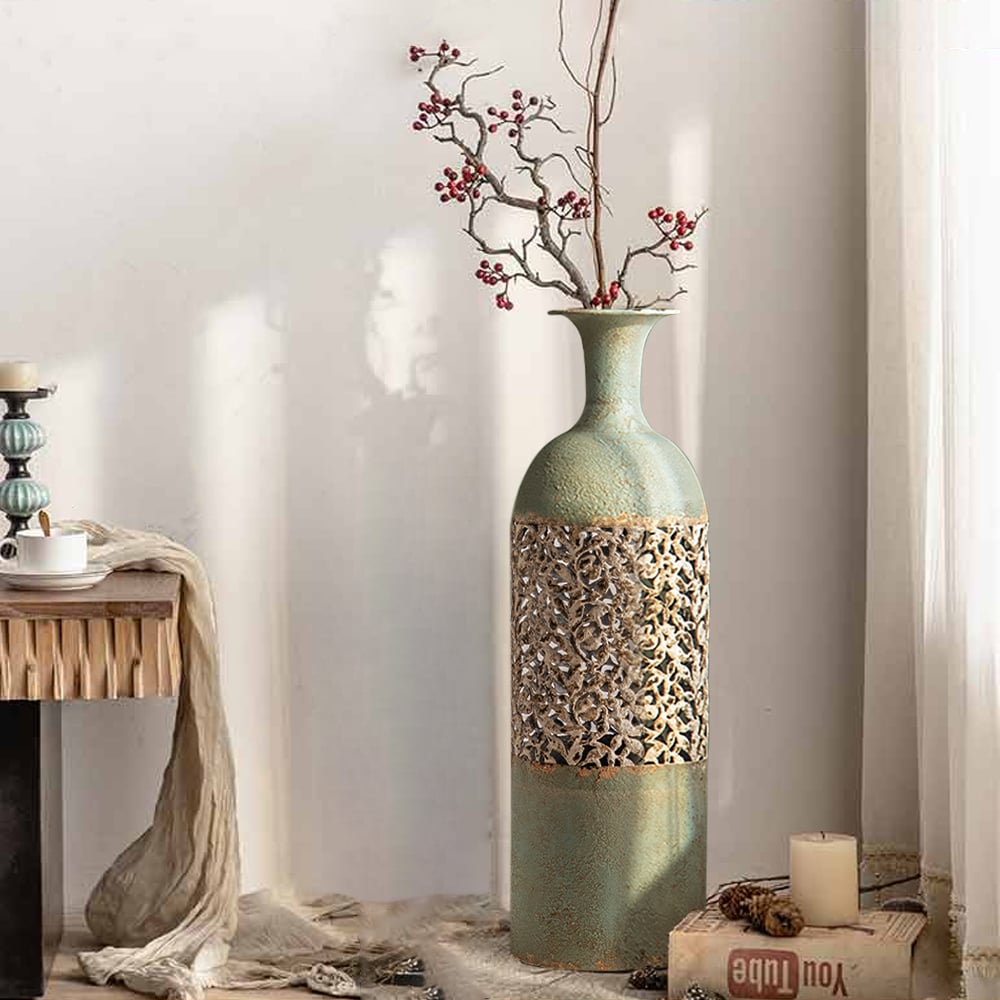 HMR - French Country Large Metal Floor Vase Tall Home Geometric Decor Art