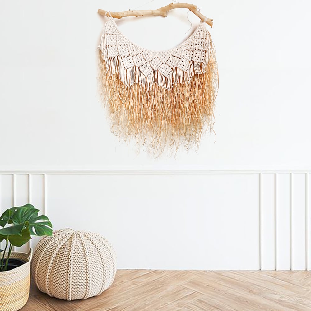 HMR - Large Handmade Boho Woven Raffia Wood Tapestry Natural Cotton Macrame Wall Hanging