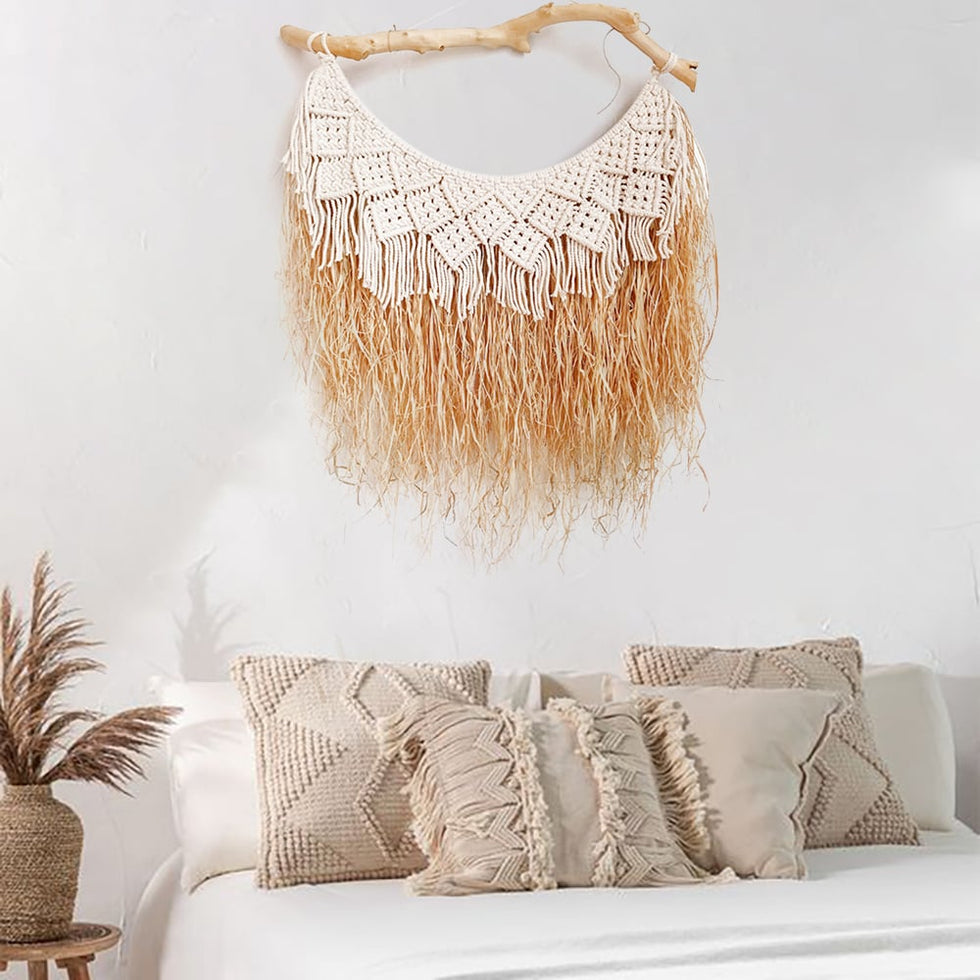 HMR - Large Handmade Boho Woven Raffia Wood Tapestry Natural Cotton Macrame Wall Hanging