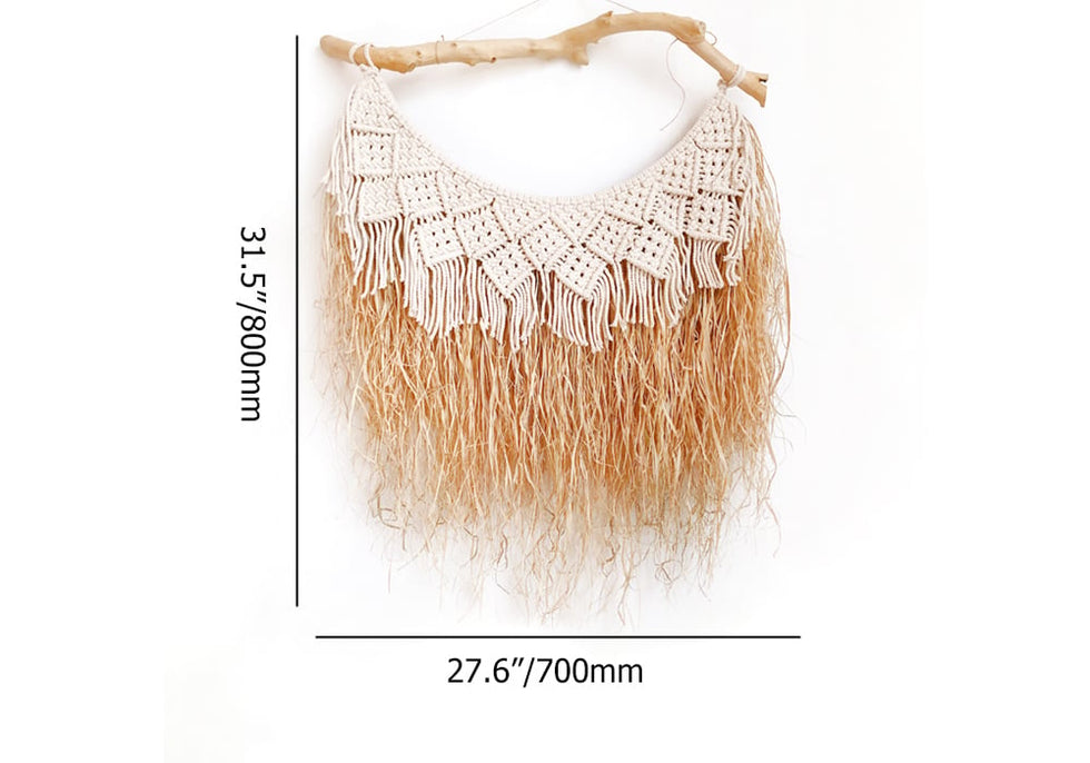 HMR - Large Handmade Boho Woven Raffia Wood Tapestry Natural Cotton Macrame Wall Hanging