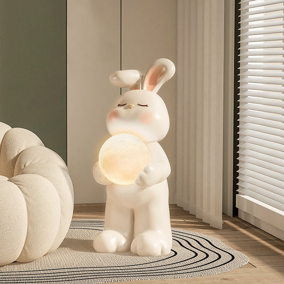 HMR - 24.4" White Resin Rabbit Moon Floor Lamp Sculpture Ornament Decor Living Room Bedroom