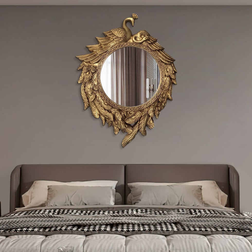 HMR - 29" Traditional Peacock Wall Mirror Abstract Resin Decor Art Living Room in Bronze