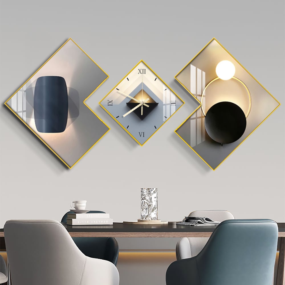 HMR - 3Pcs Modern Geometric Wall Clock Decor Set Canvas Painting Wall Clocks with Gold Frame