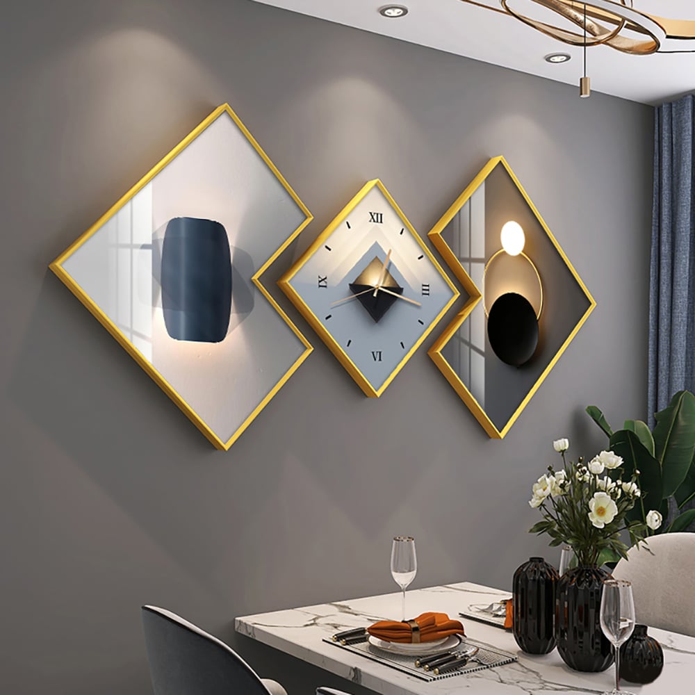 HMR - 3Pcs Modern Geometric Wall Clock Decor Set Canvas Painting Wall Clocks with Gold Frame