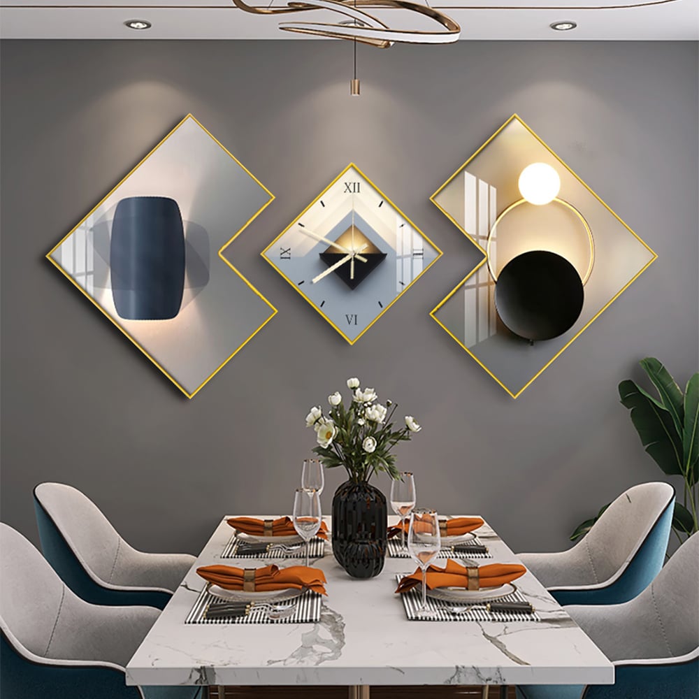 HMR - 3Pcs Modern Geometric Wall Clock Decor Set Canvas Painting Wall Clocks with Gold Frame
