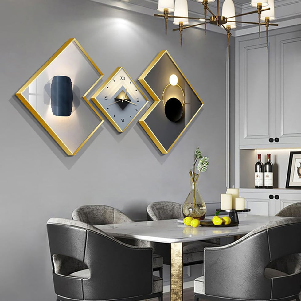 HMR - 3Pcs Modern Geometric Wall Clock Decor Set Canvas Painting Wall Clocks with Gold Frame
