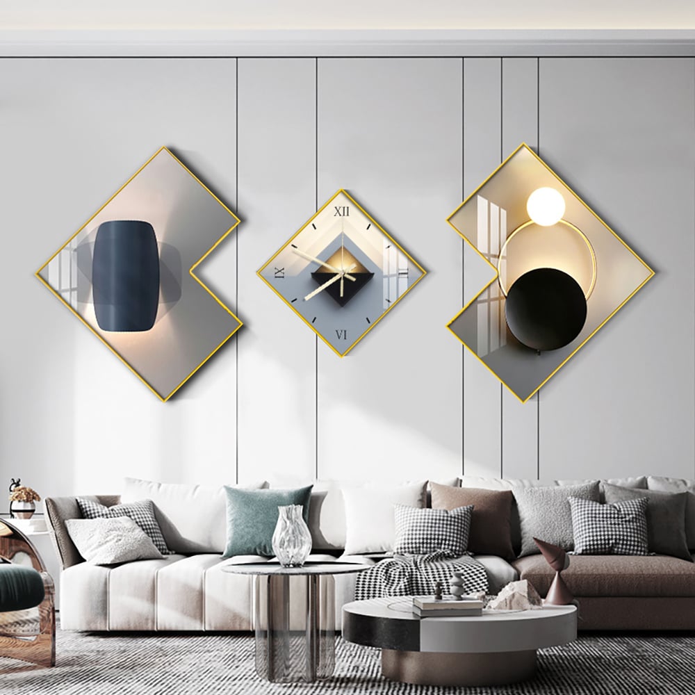 HMR - 3Pcs Modern Geometric Wall Clock Decor Set Canvas Painting Wall Clocks with Gold Frame