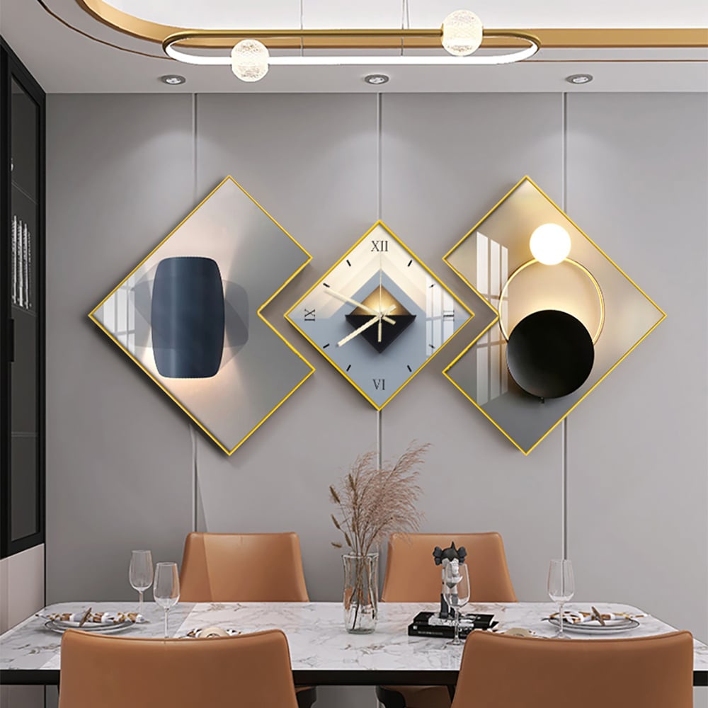 HMR - 3Pcs Modern Geometric Wall Clock Decor Set Canvas Painting Wall Clocks with Gold Frame