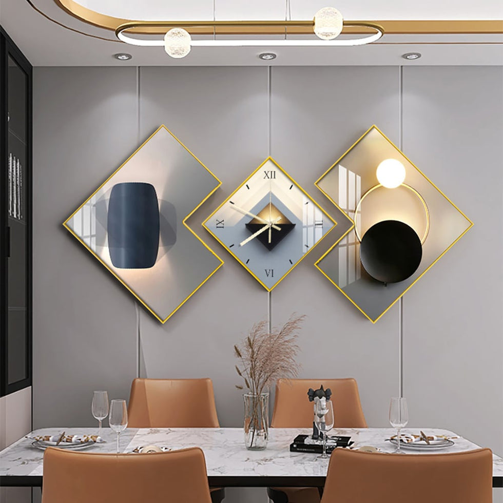 HMR - 3Pcs Modern Geometric Wall Clock Decor Set Canvas Painting Wall Clocks with Gold Frame