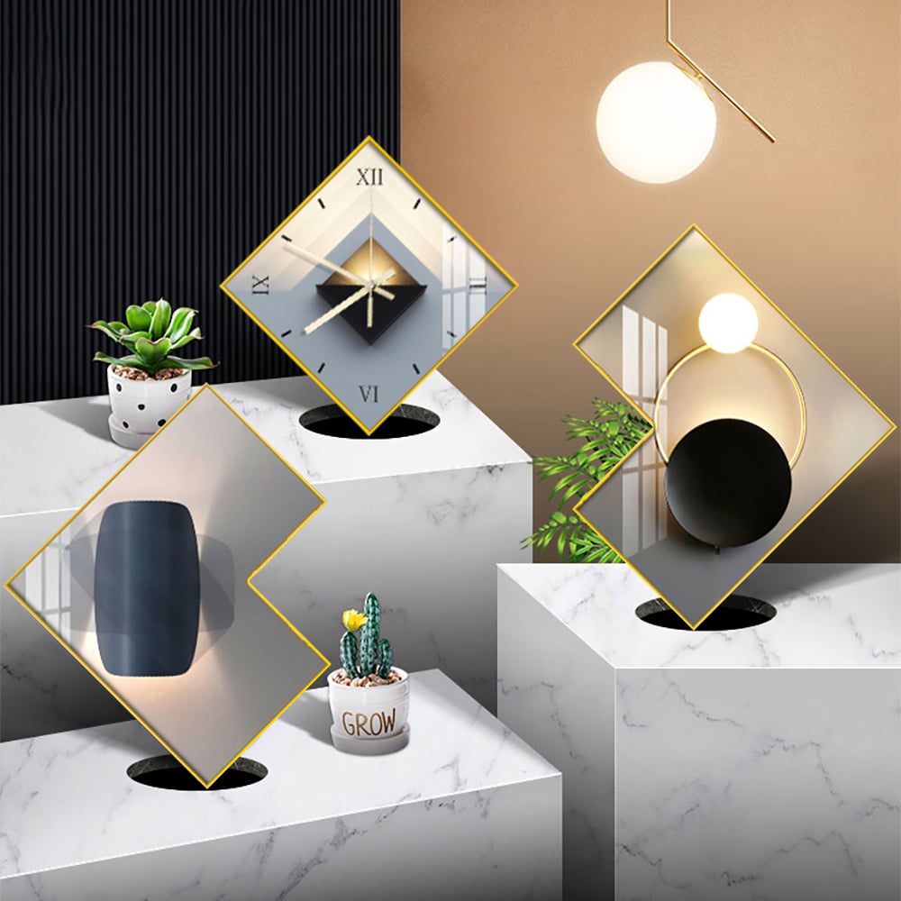 HMR - 3Pcs Modern Geometric Wall Clock Decor Set Canvas Painting Wall Clocks with Gold Frame