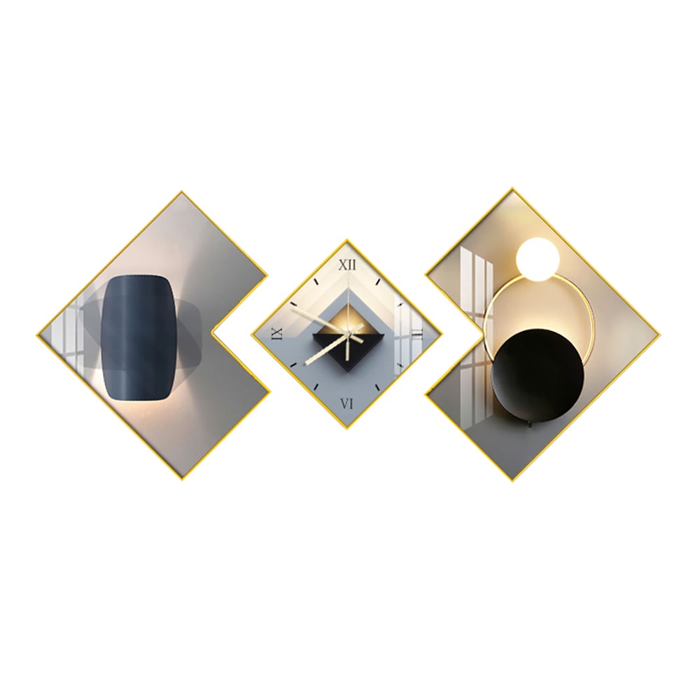 HMR - 3Pcs Modern Geometric Wall Clock Decor Set Canvas Painting Wall Clocks with Gold Frame