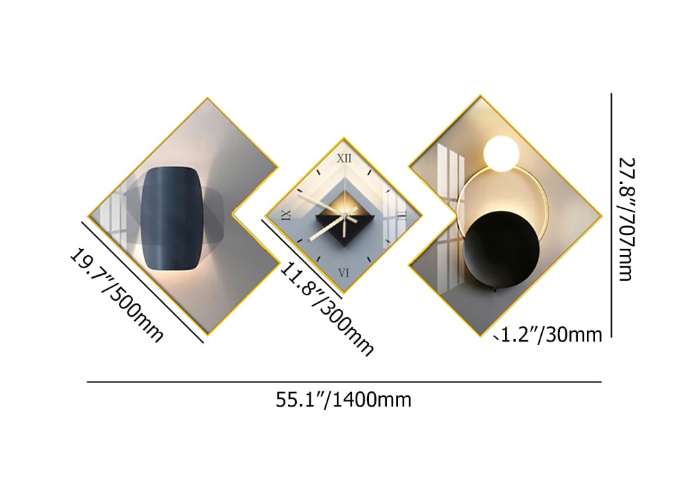 HMR - 3Pcs Modern Geometric Wall Clock Decor Set Canvas Painting Wall Clocks with Gold Frame