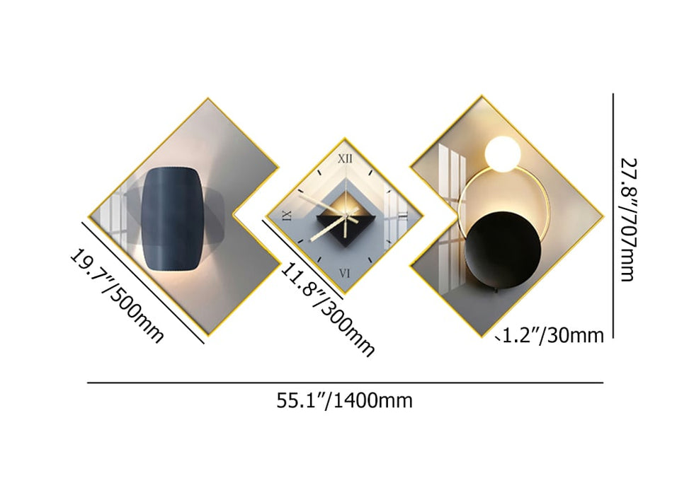 HMR - 3Pcs Modern Geometric Wall Clock Decor Set Canvas Painting Wall Clocks with Gold Frame