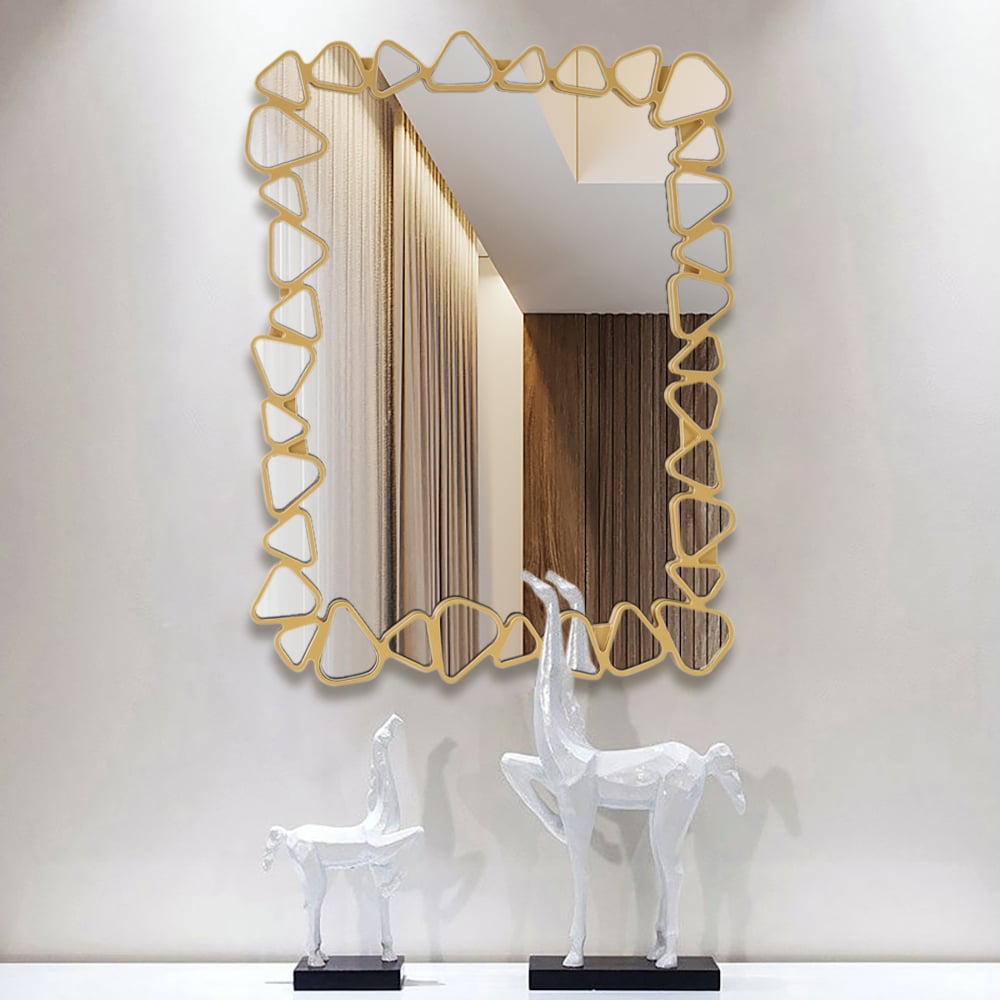 HMR - Modern Large Gold Irregular Pebble Wall Mirror Decor with Geometric Frame Living Room