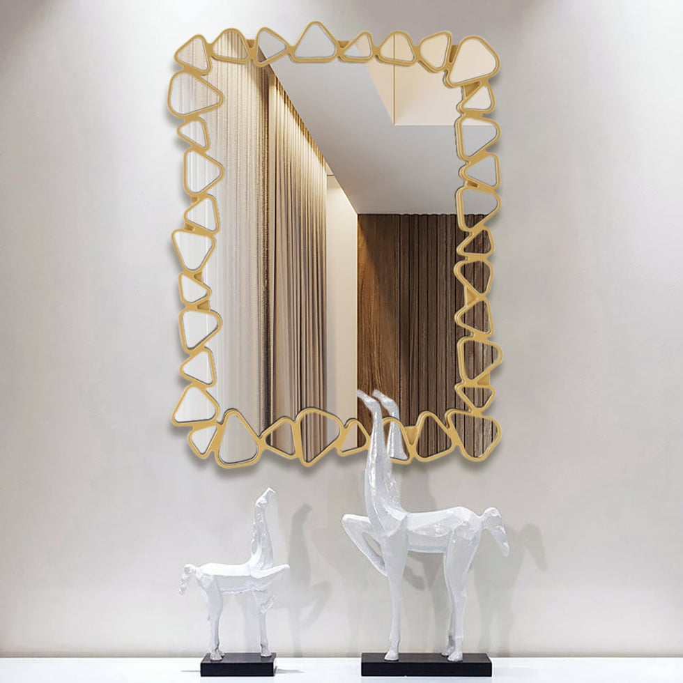 HMR - Modern Large Gold Irregular Pebble Wall Mirror Decor with Geometric Frame Living Room