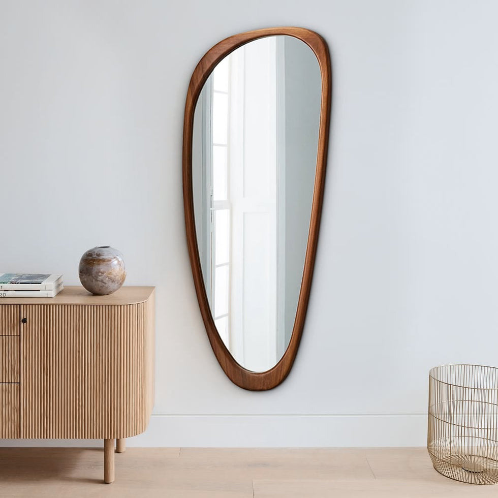HMR - Rustic Asymmetrical Mirror Full Length Wall Mirror Wood Frame in Walnut