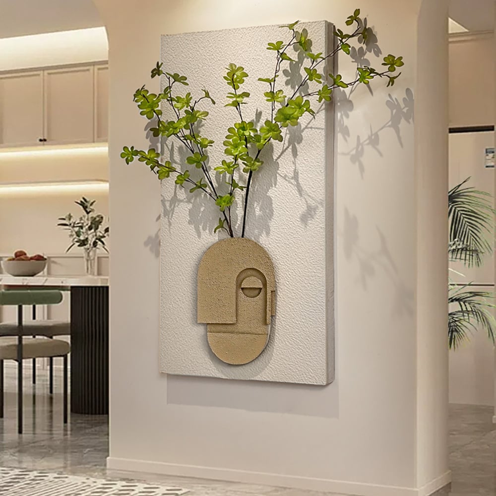 HMR - 3D Abstract Natural Sandstone Handmade Sculpture with Artificial Plants Wall Decor