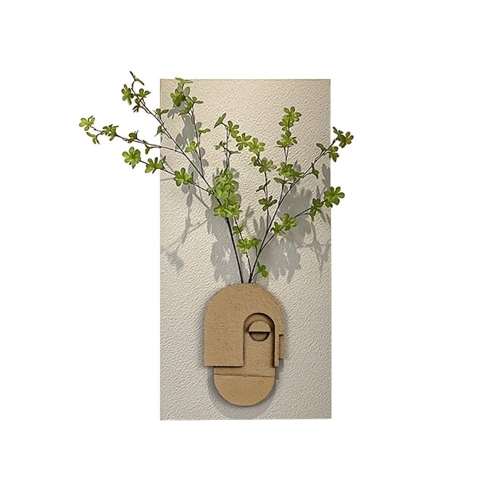 HMR - 3D Abstract Natural Sandstone Handmade Sculpture with Artificial Plants Wall Decor