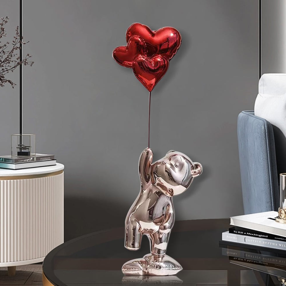 HMR - Cute Pink Bear Statue Sculpture Ornament Decor with Red Heart Balloons