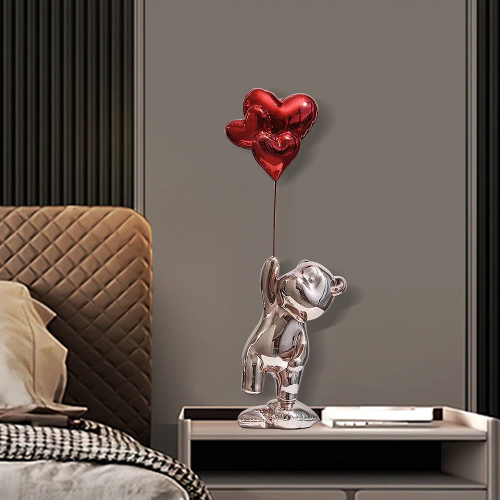 HMR - Cute Pink Bear Statue Sculpture Ornament Decor with Red Heart Balloons