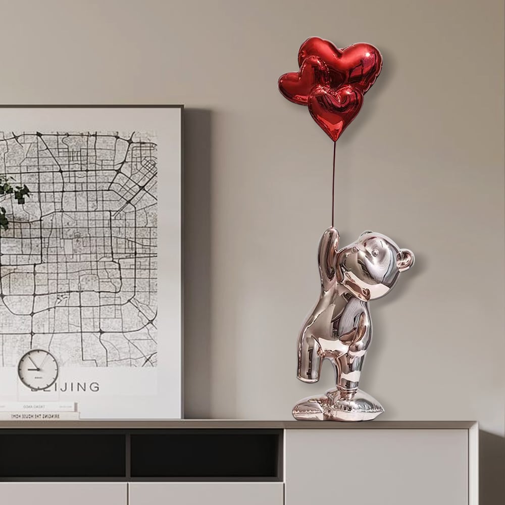 HMR - Cute Pink Bear Statue Sculpture Ornament Decor with Red Heart Balloons