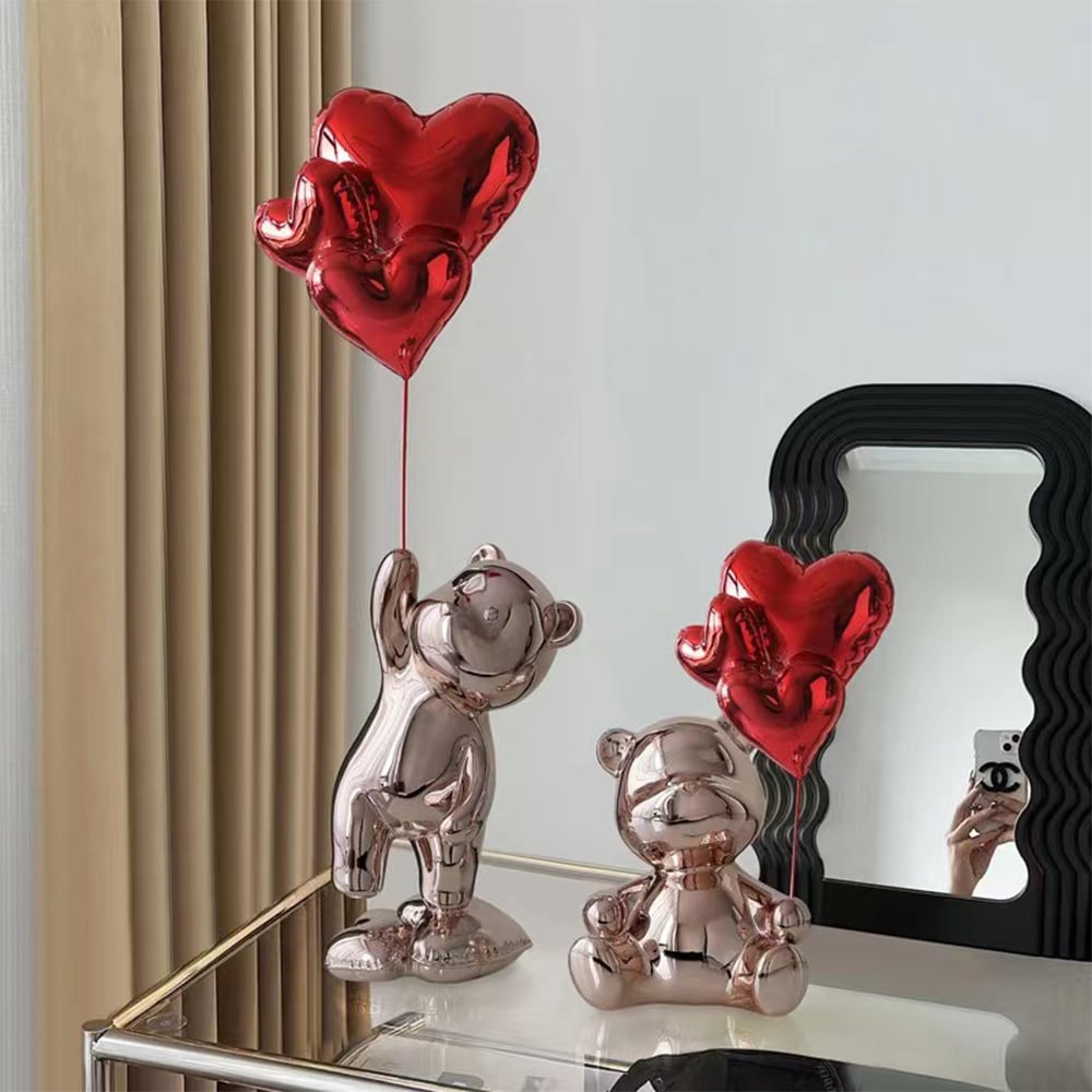 HMR - Cute Pink Bear Statue Sculpture Ornament Decor with Red Heart Balloons
