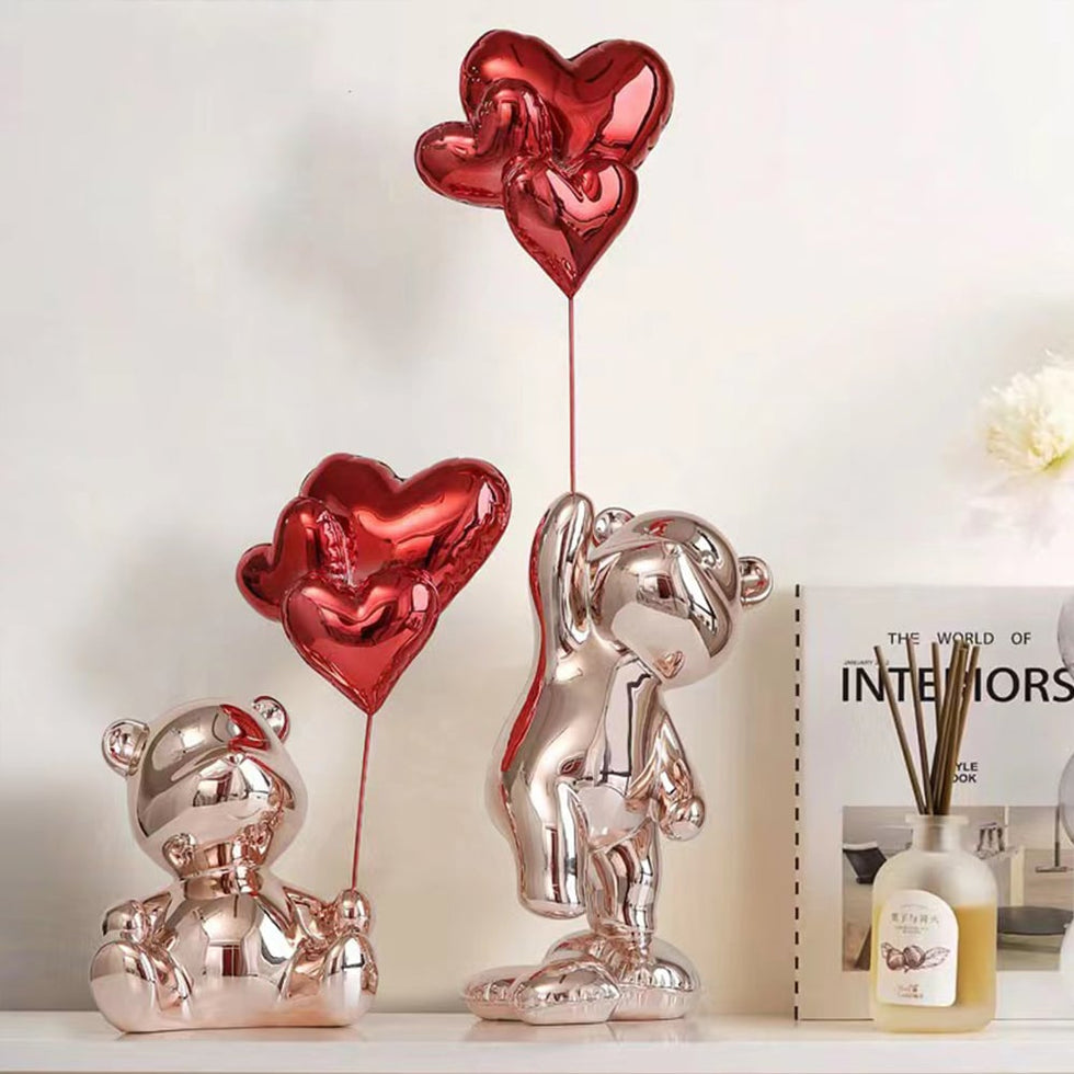HMR - Cute Pink Bear Statue Sculpture Ornament Decor with Red Heart Balloons