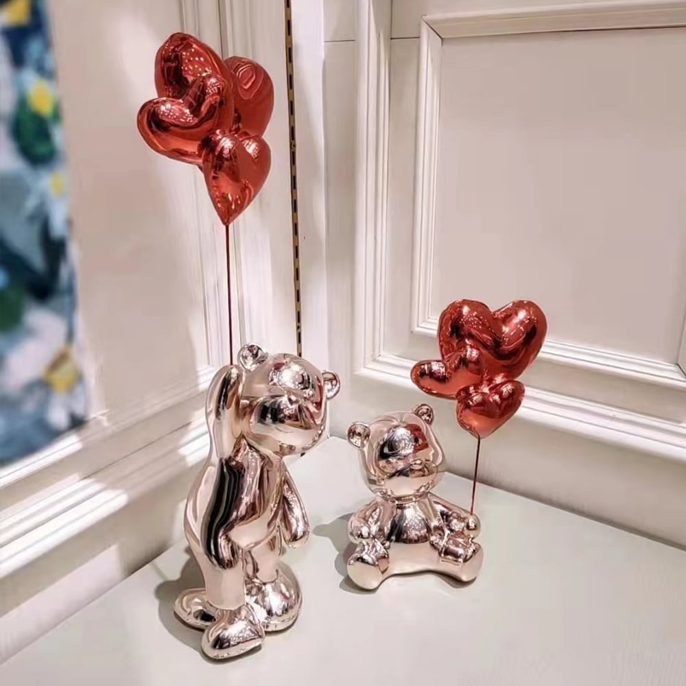 HMR - Cute Pink Bear Statue Sculpture Ornament Decor with Red Heart Balloons