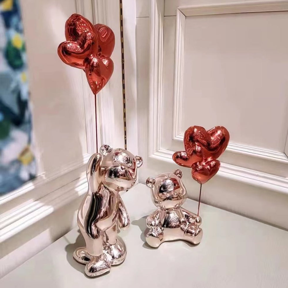 HMR - Cute Pink Bear Statue Sculpture Ornament Decor with Red Heart Balloons