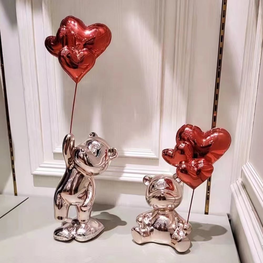 HMR - Cute Pink Bear Statue Sculpture Ornament Decor with Red Heart Balloons