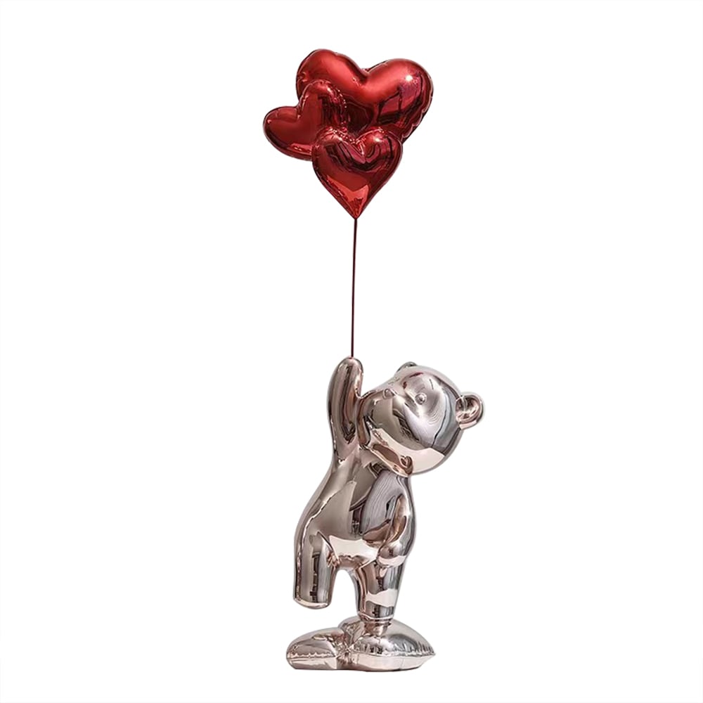 HMR - Cute Pink Bear Statue Sculpture Ornament Decor with Red Heart Balloons