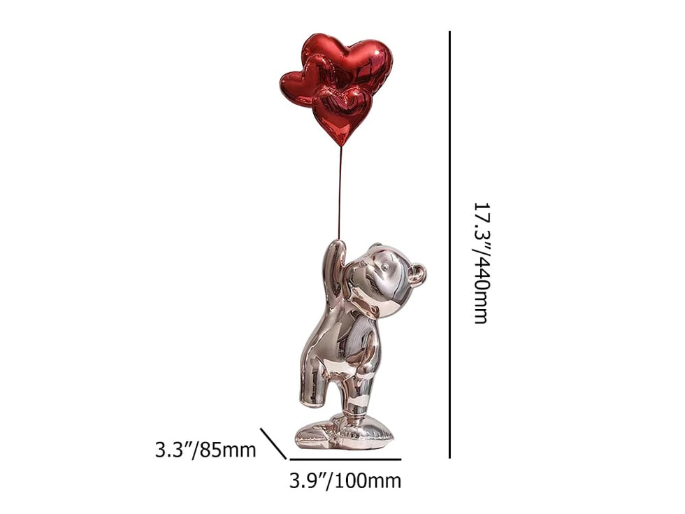 HMR - Cute Pink Bear Statue Sculpture Ornament Decor with Red Heart Balloons