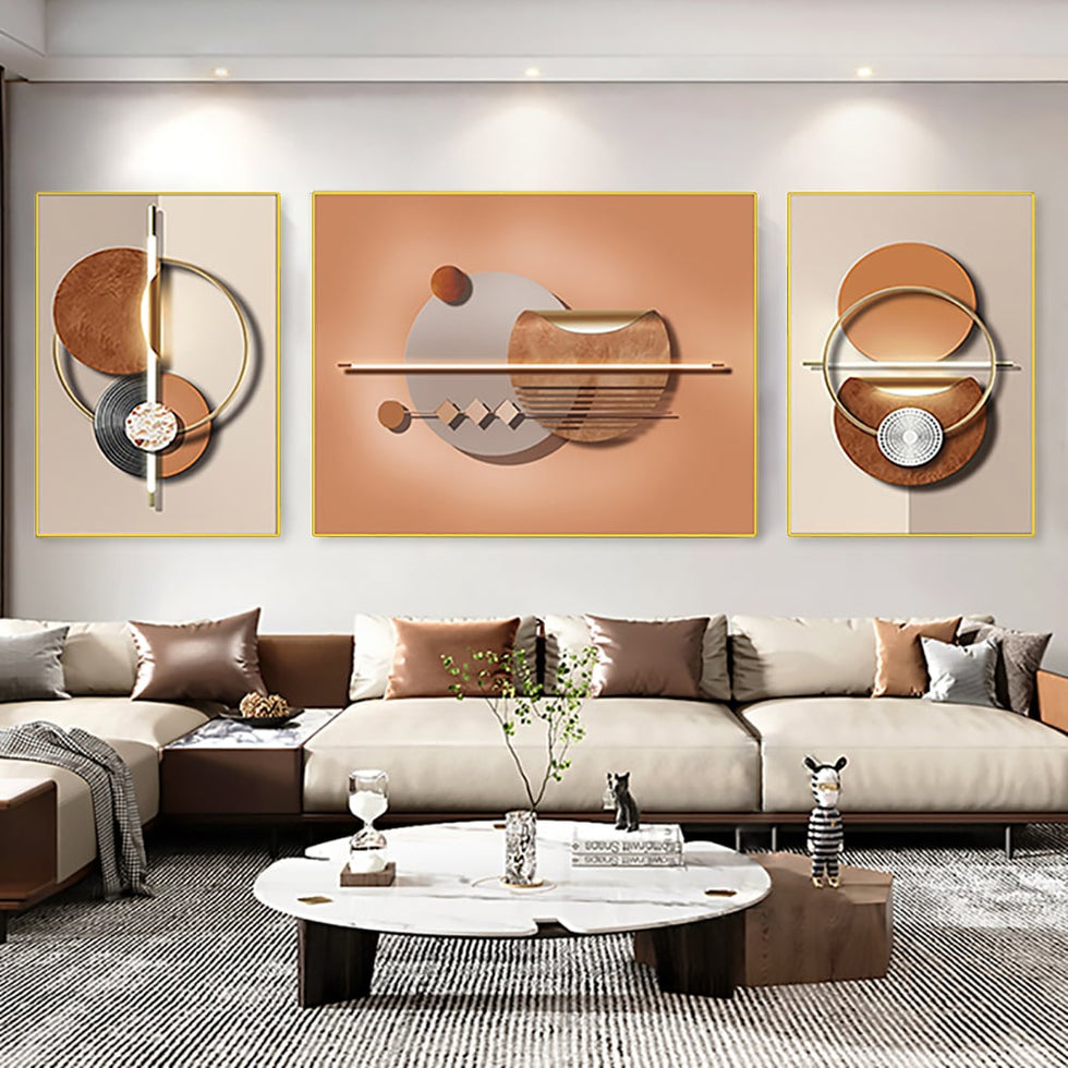 HMR - 3-Pieces Modern Geometric Abstract Wall Decor Set Canvas with Frame Living Room