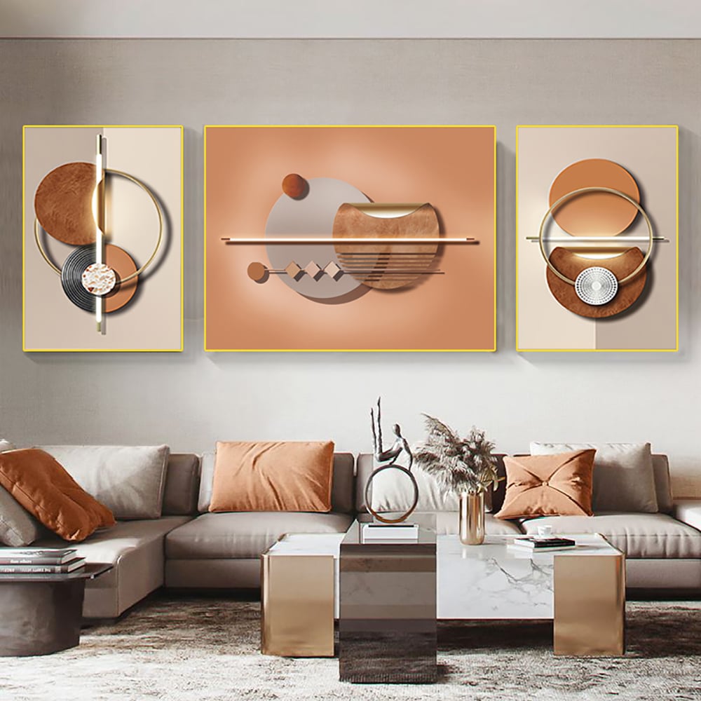 HMR - 3-Pieces Modern Geometric Abstract Wall Decor Set Canvas with Frame Living Room